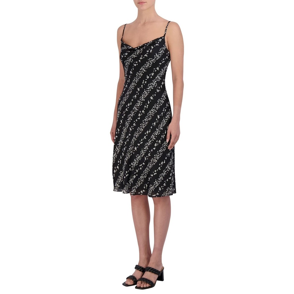 BCBG Paris Womens Floral Stripe Cowl Neck Slip Midi Dress Black White XS NWT